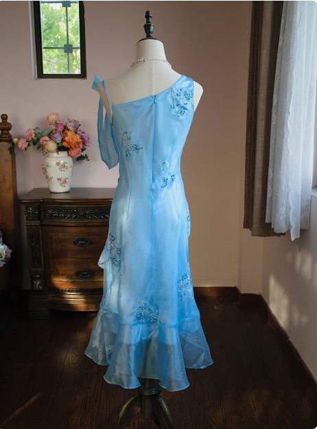 Cute Blue Beaded Ruffled Collar Birthday Party Homecoming Dress P3483