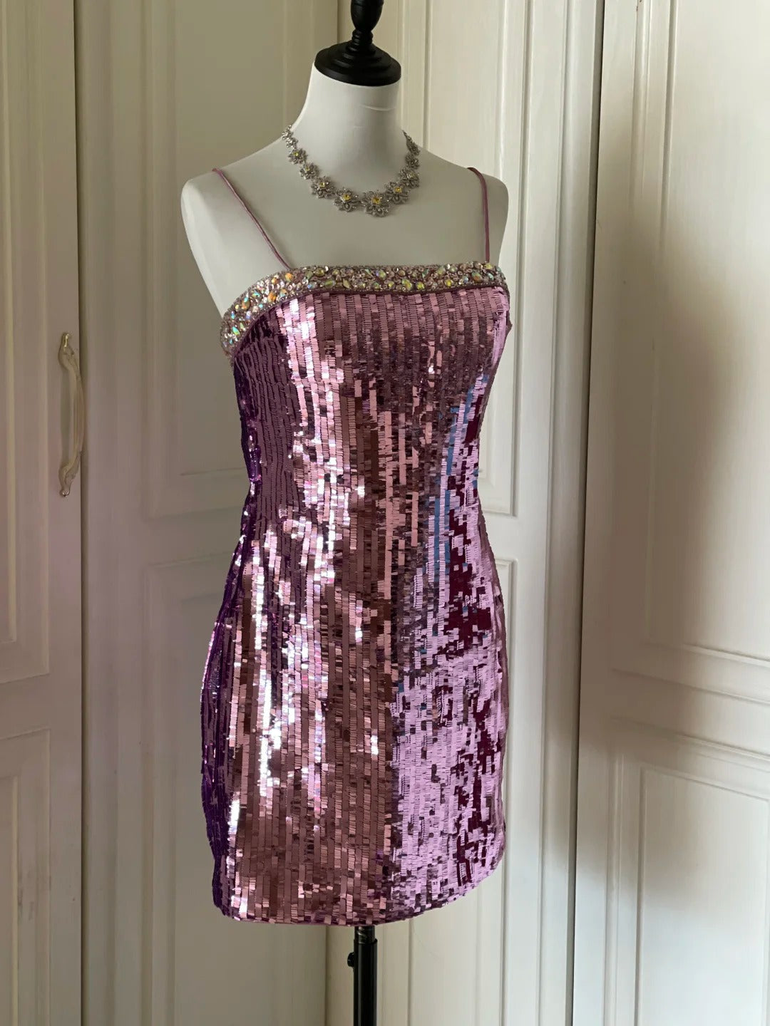 Sparkling Spaghetti Strap Purple Sequin Slim Fit Mini Birthday Party Homecoming Dress P3504
