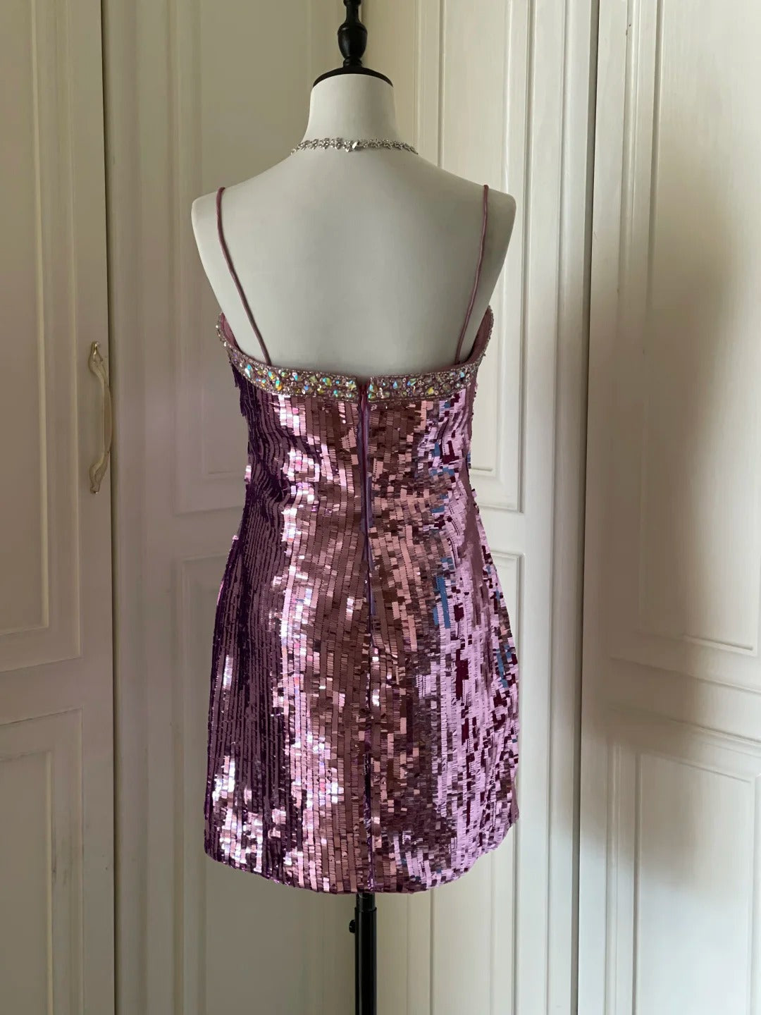 Sparkling Spaghetti Strap Purple Sequin Slim Fit Mini Birthday Party Homecoming Dress P3504