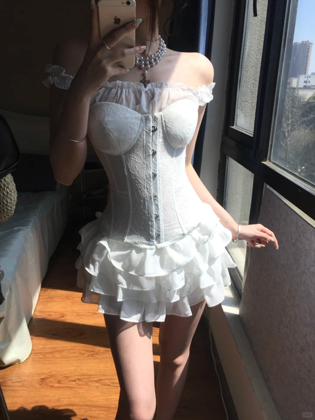 Sexy White Off Shoulder Corset Ruffled Mini Homecoming Dress P3583