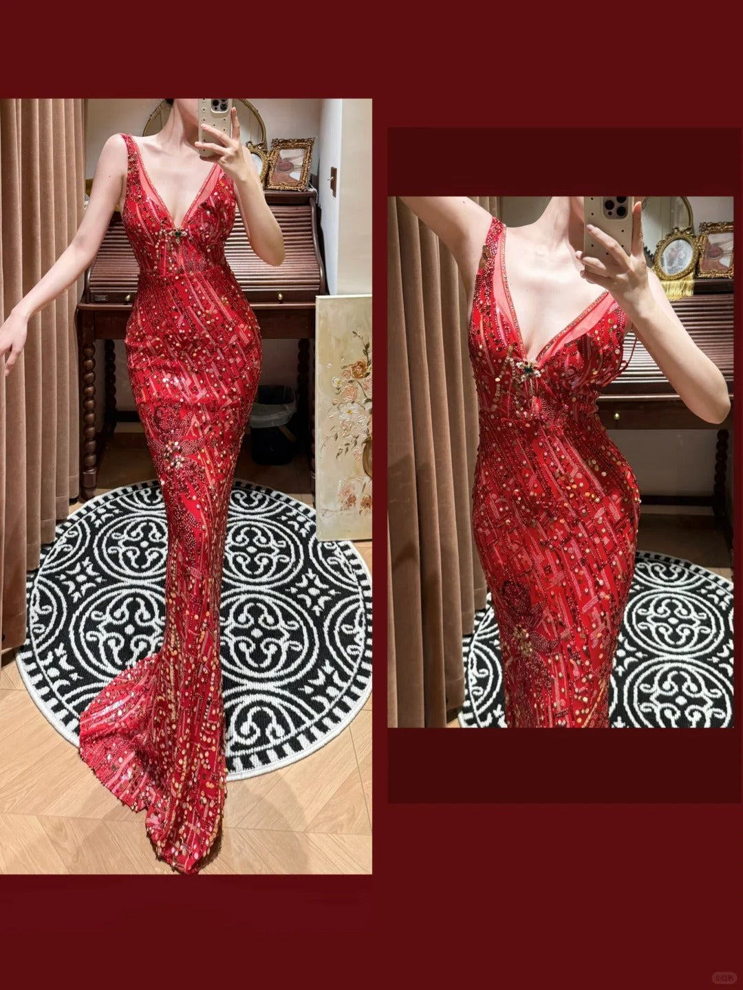 Beautiful Red Shoulder Strap V-neck Beaded Mermaid Evening Dress Prom Dress P3749