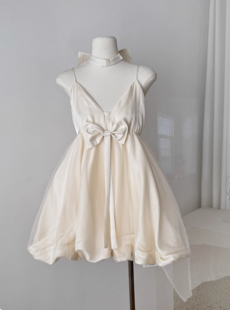 Princess Bowknot Halter Neck Sling Waist Net Tulle Puffy Birthday Party Dress Homecoming Dress P3829