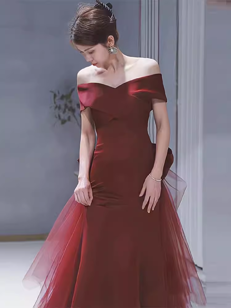 Mermaid Off Shoulder Evening Dress with Bow Burgundy Prom Dress