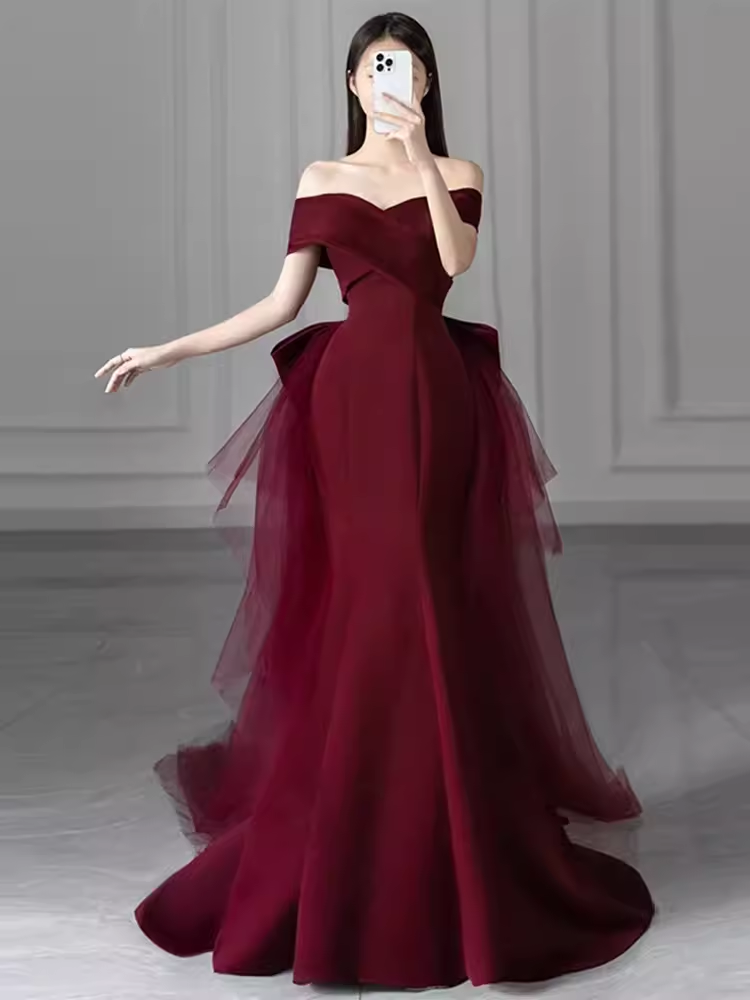 Mermaid Off Shoulder Evening Dress with Bow Burgundy Prom Dress
