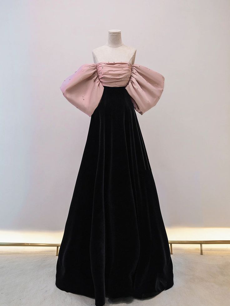 Black/pink velvet long prom dress long formal