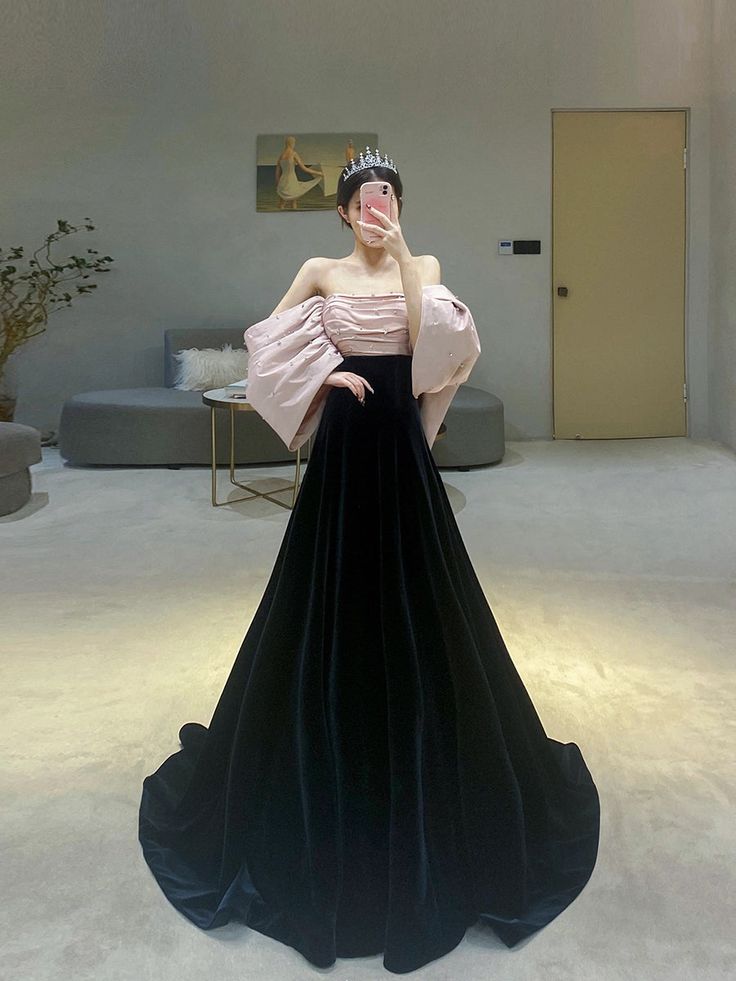 Black/pink velvet long prom dress long formal