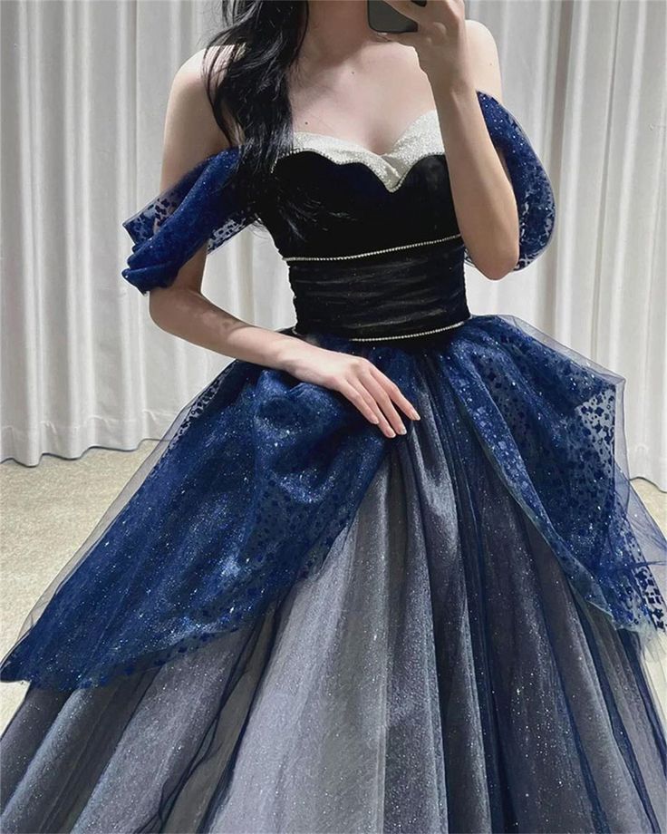 Gothic Glitter Blue Princess Tulle Prom Dress Blue Long Evening Dress