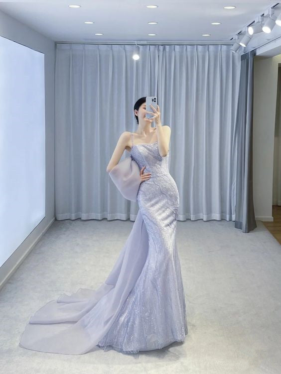 Glitter Princess Sequin Prom Dress Blue Gray Long Evening Dress