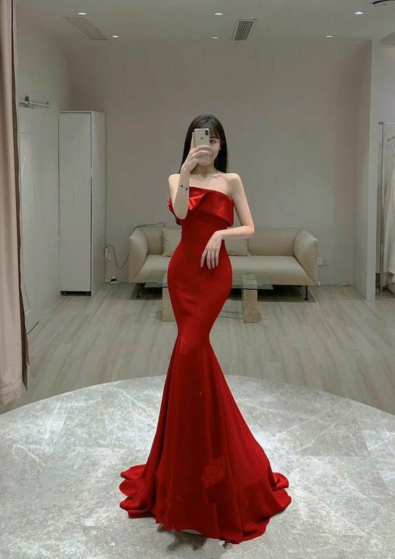 Simple Mermaid Red Prom Dress Satin Long Evening Dress