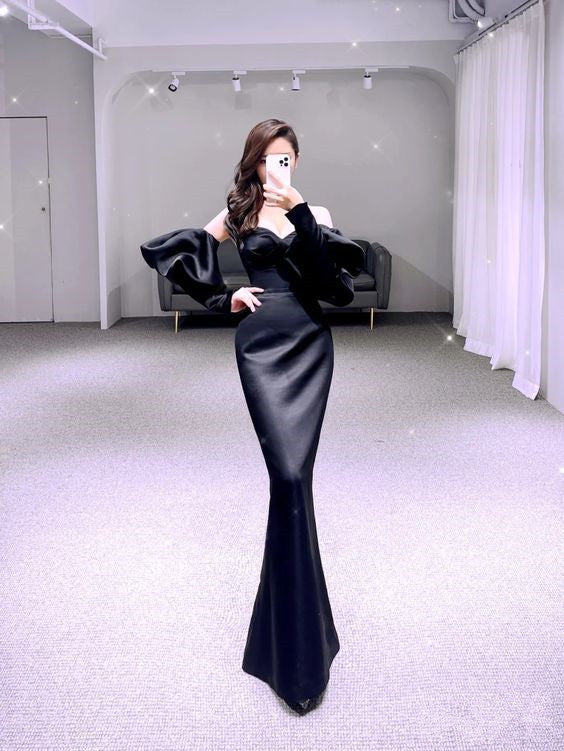 Simple Mermaid Black Prom Dress Satin Long Evening Dress