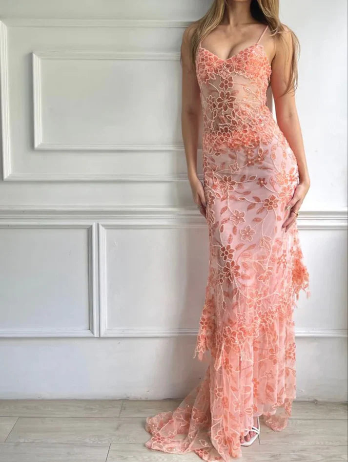 Beautiful Spaghetti Straps Birthday Party Dresses Red Lace Prom Dresses