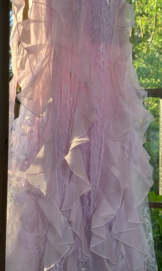 Classy Pink Spaghetti Straps V Neck Lace Chiffon Ruffle Mermaid Evening Dress Long Party Dress with Ribbon D1246