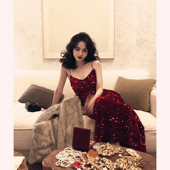 Sexy Mermaid Red Party Dresses Sequin Red Prom Dresses