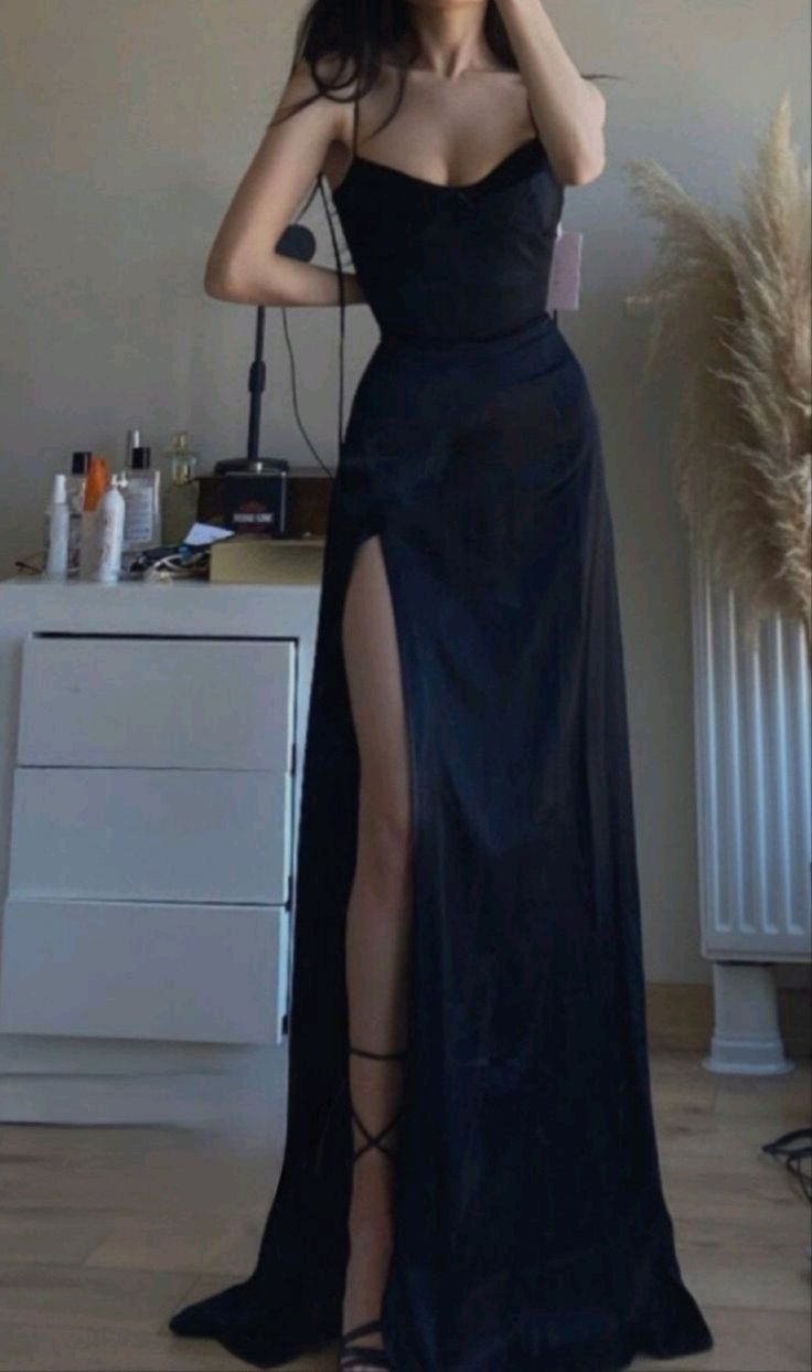 Simple A line Straps Party Dresses Black Long Slit Prom Dresses