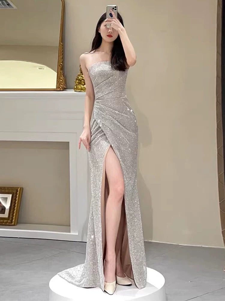 Simple Mermaid Sequin Party Dresses Long Slit Prom Dresses