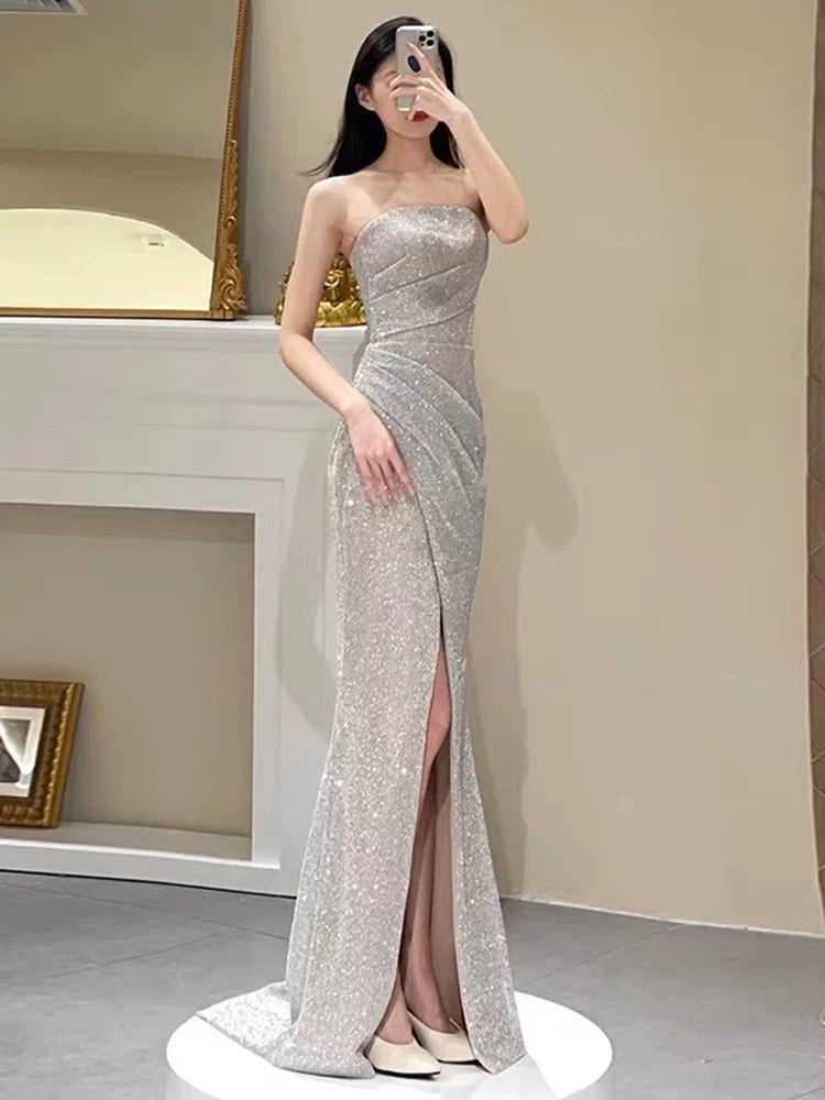 Simple Mermaid Sequin Party Dresses Long Slit Prom Dresses