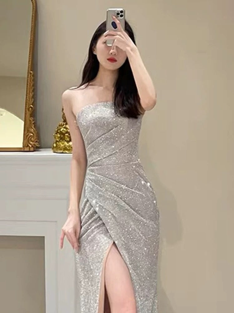 Simple Mermaid Sequin Party Dresses Long Slit Prom Dresses