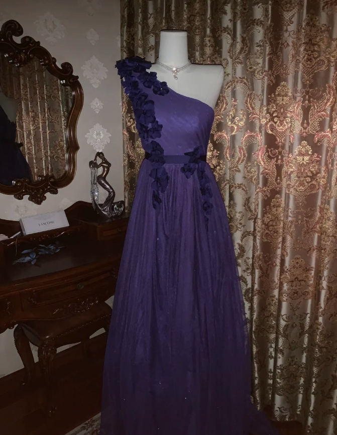 Elegant Purple One Shoulder Tulle Appliques A Line Wedding Guest Dress Long Party Dress D1721