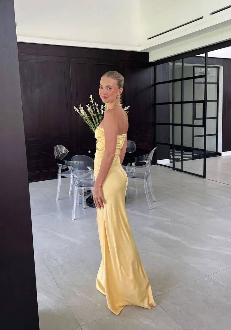 Mermaid Yellow Silk Satin Evening Party Dress Long Prom Dress
