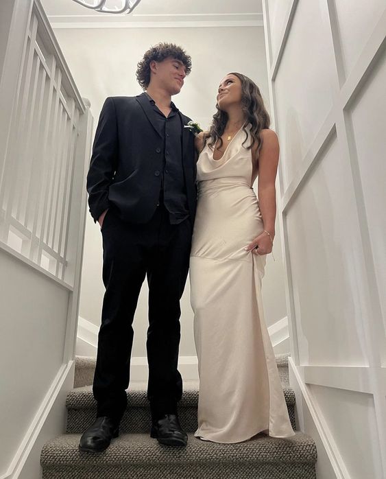 A line Ivory Backless Evening Party Dress Long Halter Prom Dress