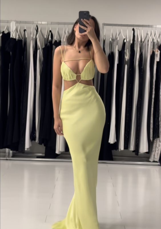 Sexy Mermaid Silk Satin Straps Evening Party Dress Yellow Prom Dress