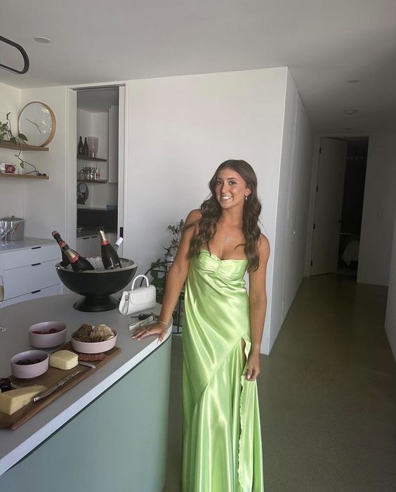 Sexy A line Straps Sage Green Party Dress Long Slit Prom Dress