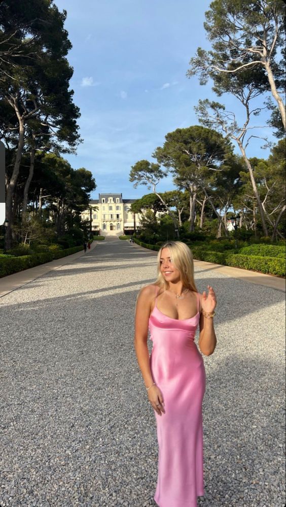 Simple A line Straps Sleeveless Party Dress Silk Satin Pink Prom Dress