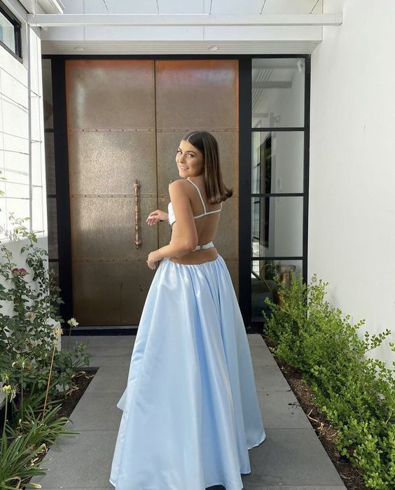 Sexy A line Straps Sleeveless Party Dress Light Sky Blue Backless Prom Dress