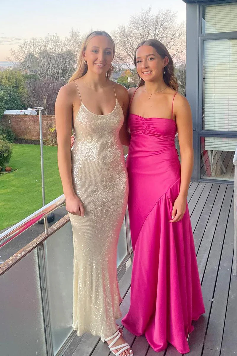 Sexy A line Straps Sleeveless Party Dress Hot Pink Side Slit Prom Dress