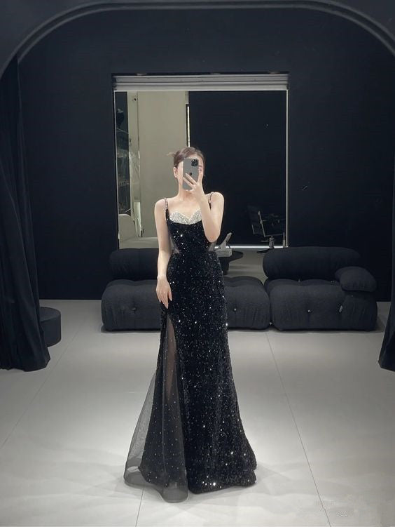 Mermaid Long Prom Dress New Sequin Sexy Black Slit Evening Dress