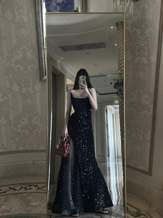 Mermaid Long Prom Dress New Sequin Sexy Black Slit Evening Dress