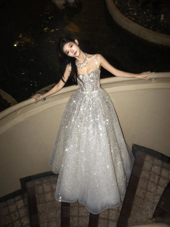 Ball Gown Long Prom Dress Straps Sequin Silver Evening Dress