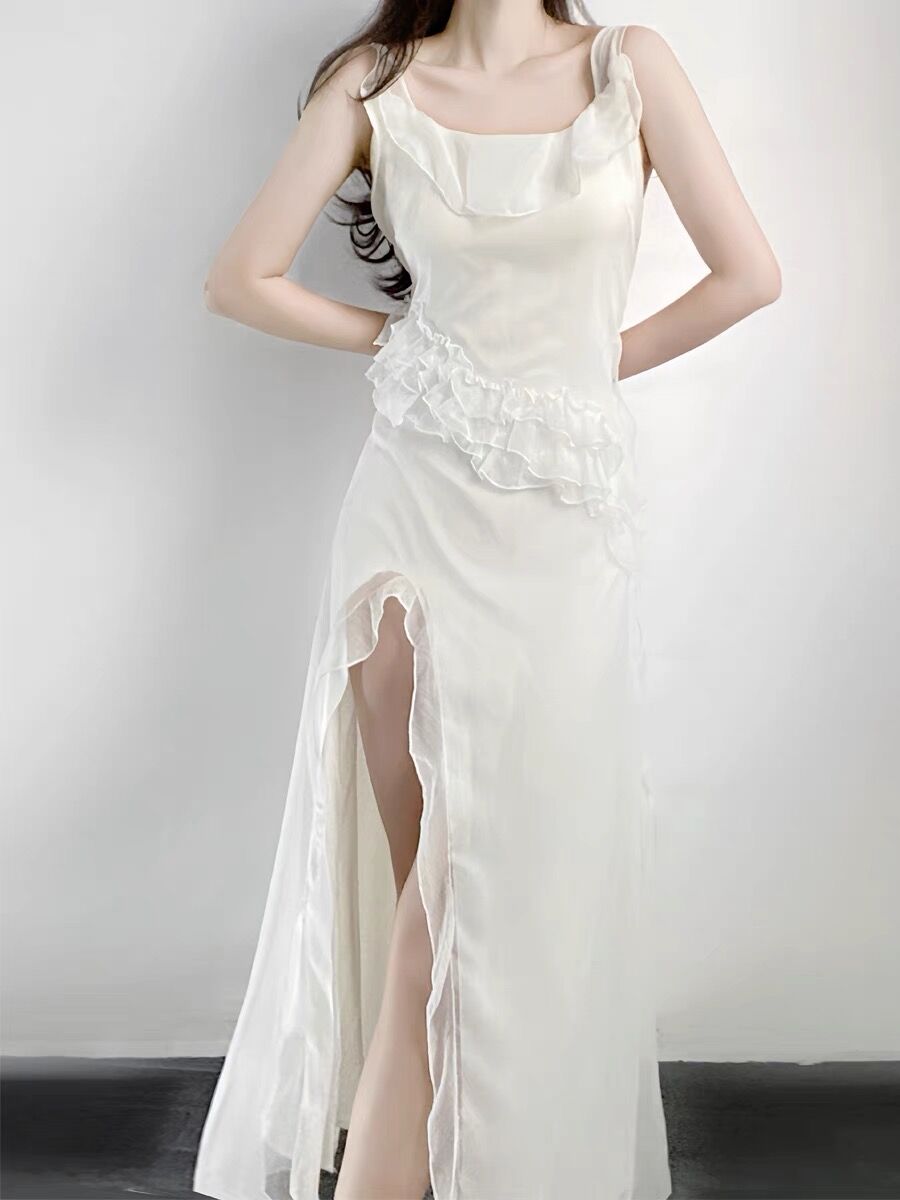 Sexy A line Long Prom Dress Slit White Evening Dress