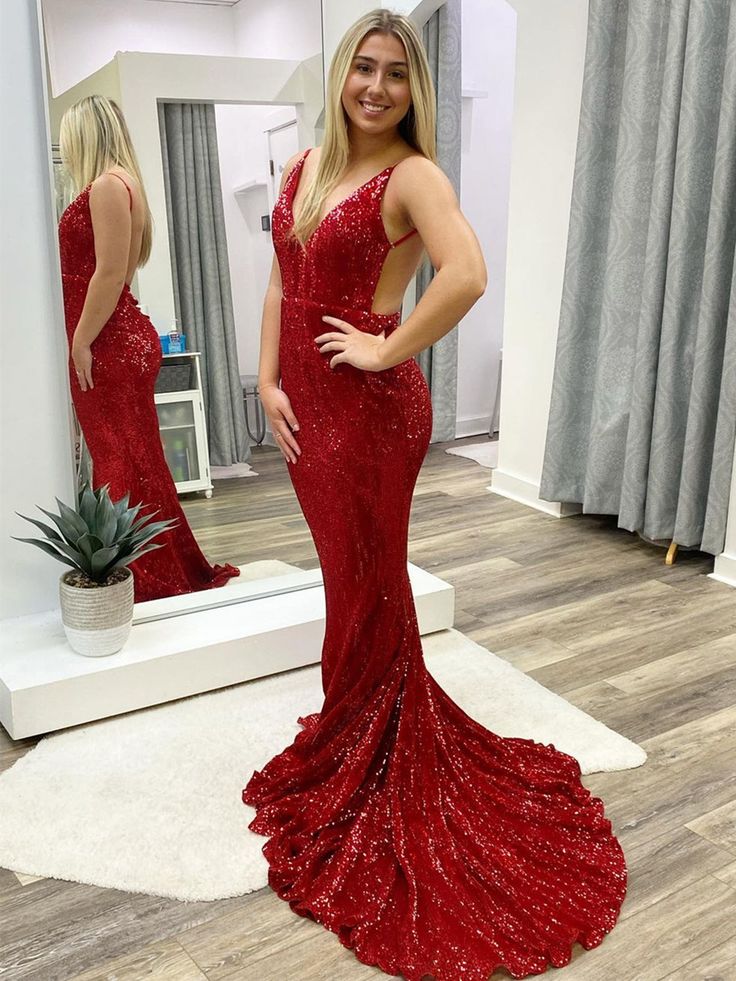 Sexy Red Mermaid Sequin Backless Long Party Prom Dresses