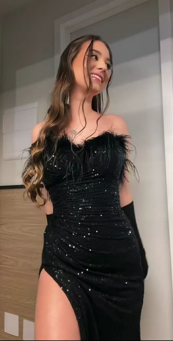 Sexy Mermaid Sequin Black Slit Long Party Prom Dresses With Feather