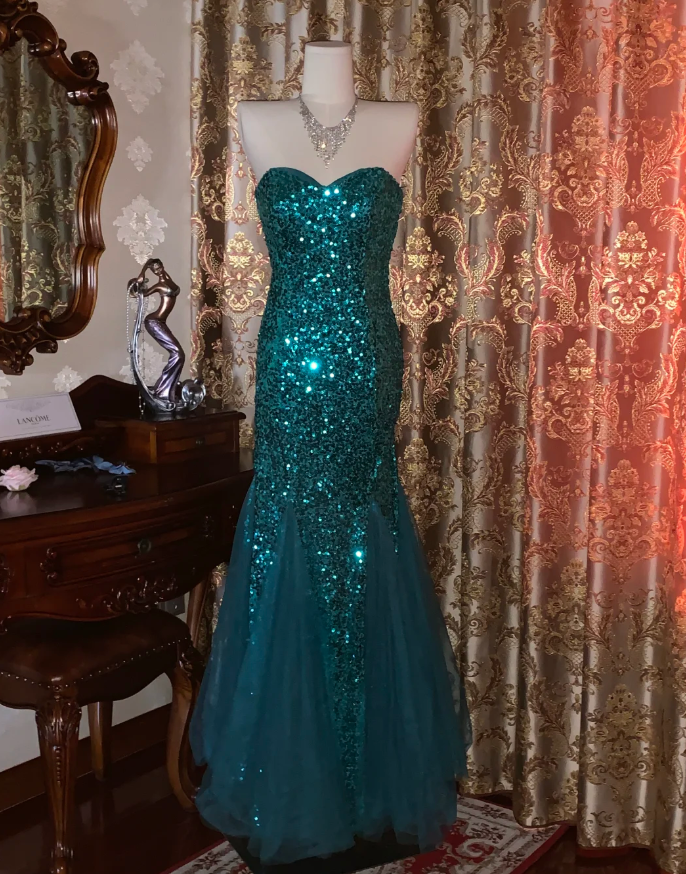 Vintage Strapless Green Tulle Sequin Mermaid Evening Dress Long Wedding Guest Dress Party Gown D1753