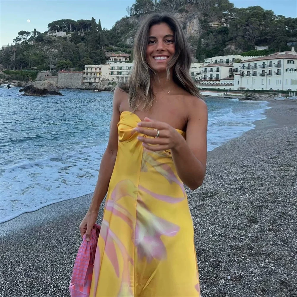 PB&ZA Satin Printed Strapless Vacation Dress