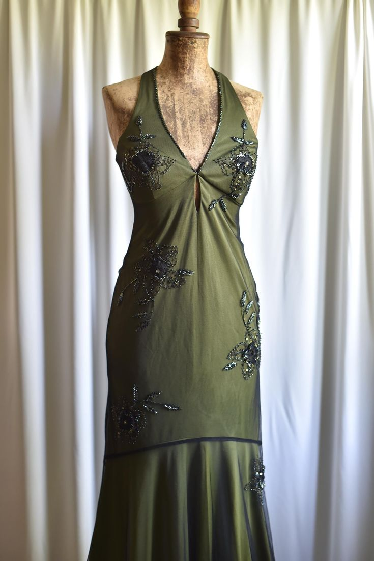 Vintage Olive Green Satin Tulle Beaded Mermaid Evening Dress Backless Long Party Dress D1405
