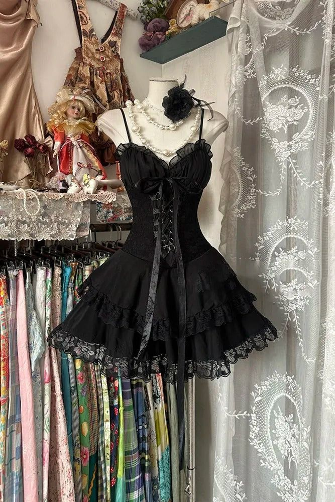 Sweet Spaghetti Straps Black Lace Mini Birthday Party Dress Formal Homecoming Dress S813