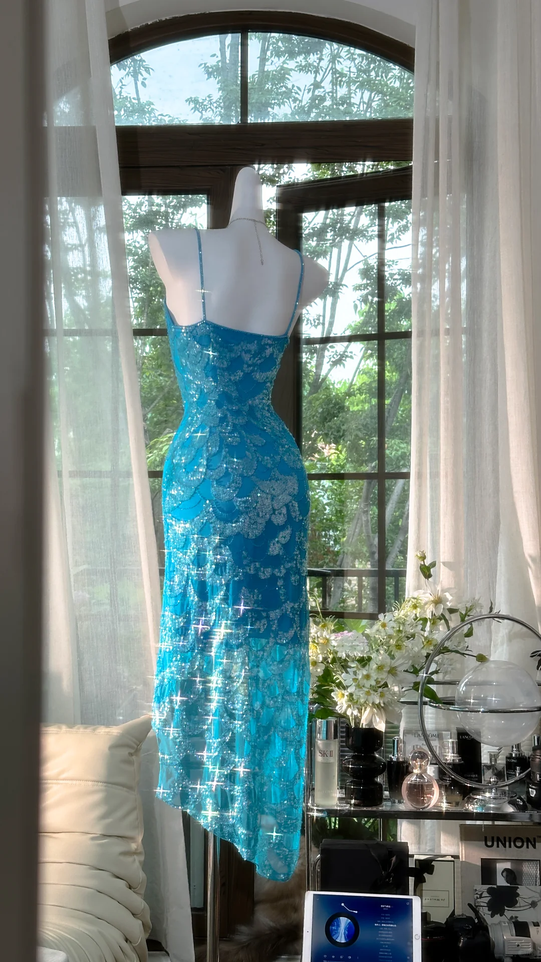 Gorgeous Spaghetti Straps Blue Chiffon Sequin Mermaid Party Dress Long Birthday Prom Gown D1312