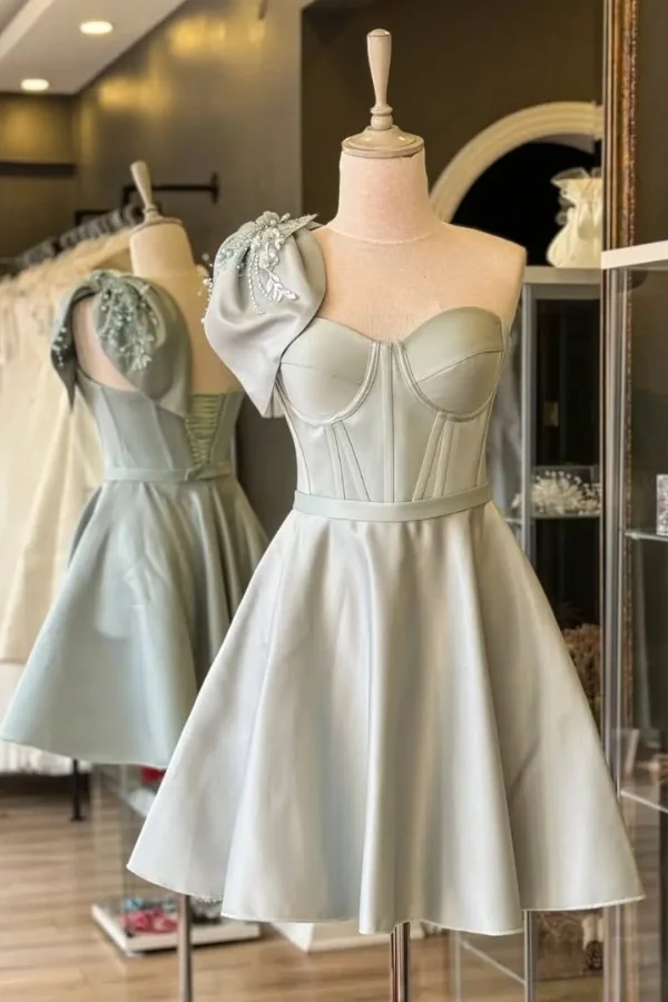 Charming Bow One Shoulder A Line Short 7th Grade Homecoming Dress White Formal 21st Birthday Outfits D545