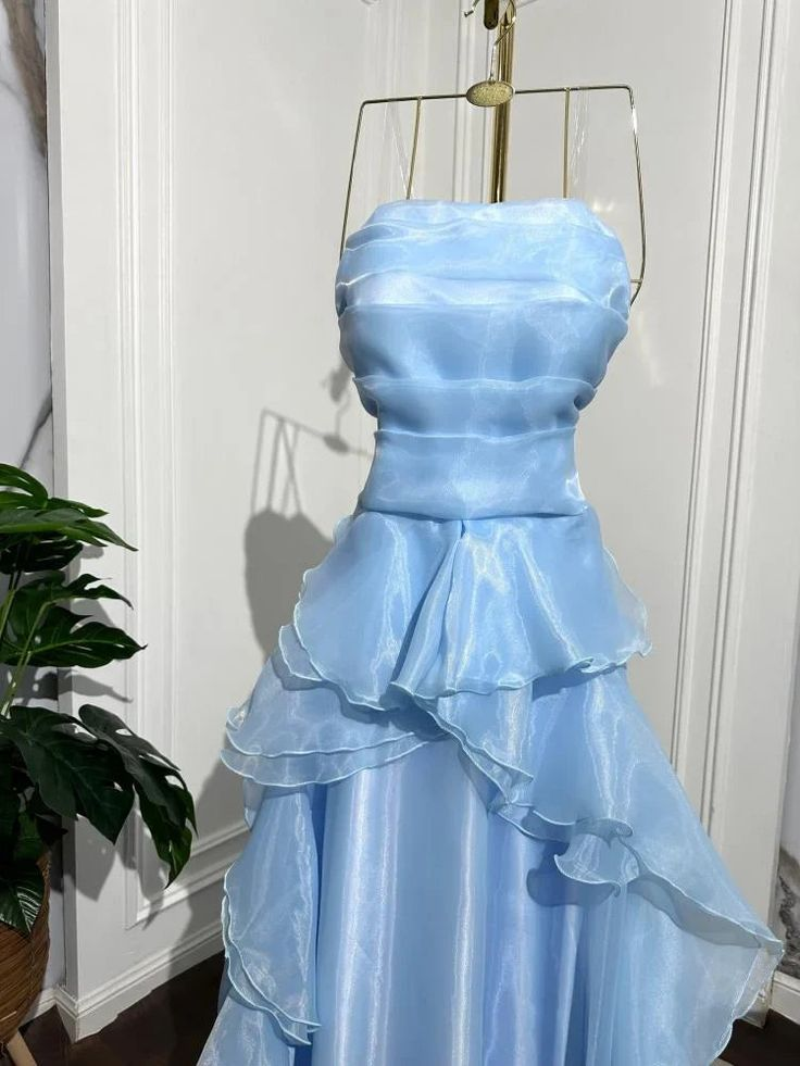 Classy Strapless Blue Organza Pleated Ruffles Long Party Dress Formal Wedding Guest Dress D1543