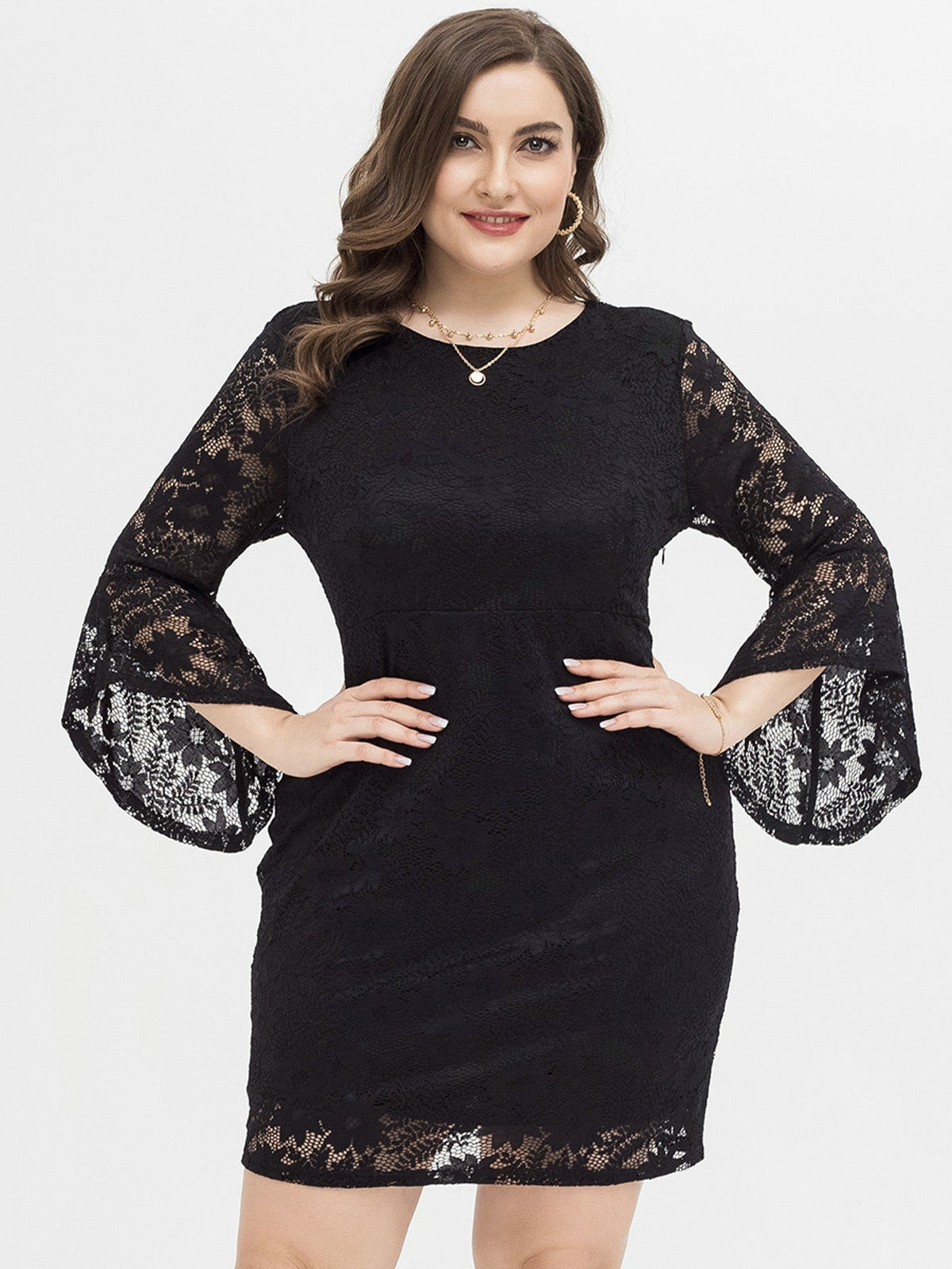 Lace Round Neck Flared Sleeve Bodycon Mini Dress