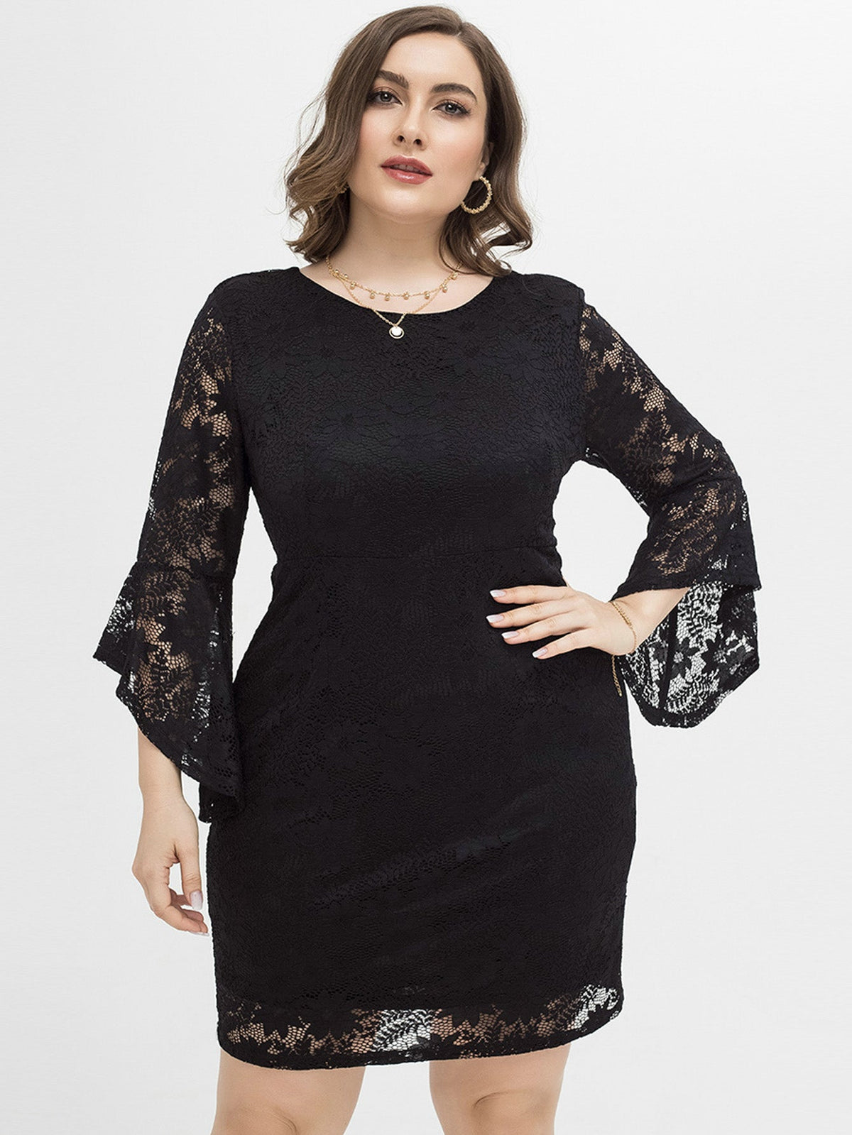Lace Round Neck Flared Sleeve Bodycon Mini Dress