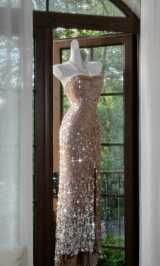 Gorgeous Halter Champagne Sequin Slit Mermaid Party Dress Long Evening Gown D1250