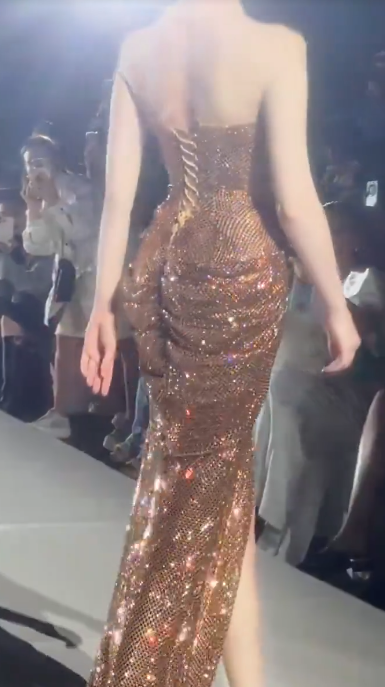 Luxurious Gold Strapless Sequin Beaded Mermaid Slit Evening Dress Long Party Gown D826