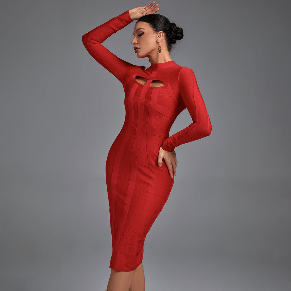 Bandage Mock-Neck Long Sleeve Keyhole Bodycon Midi Dress