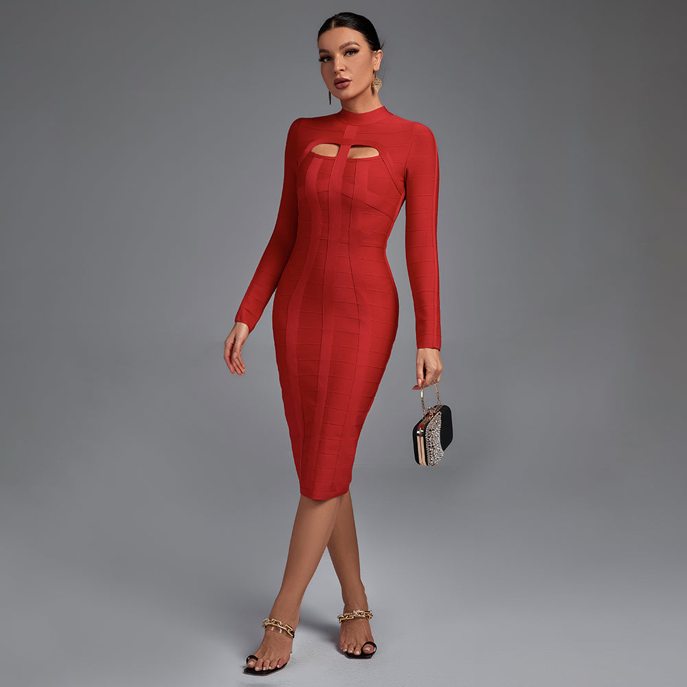 Bandage Mock-Neck Long Sleeve Keyhole Bodycon Midi Dress 3