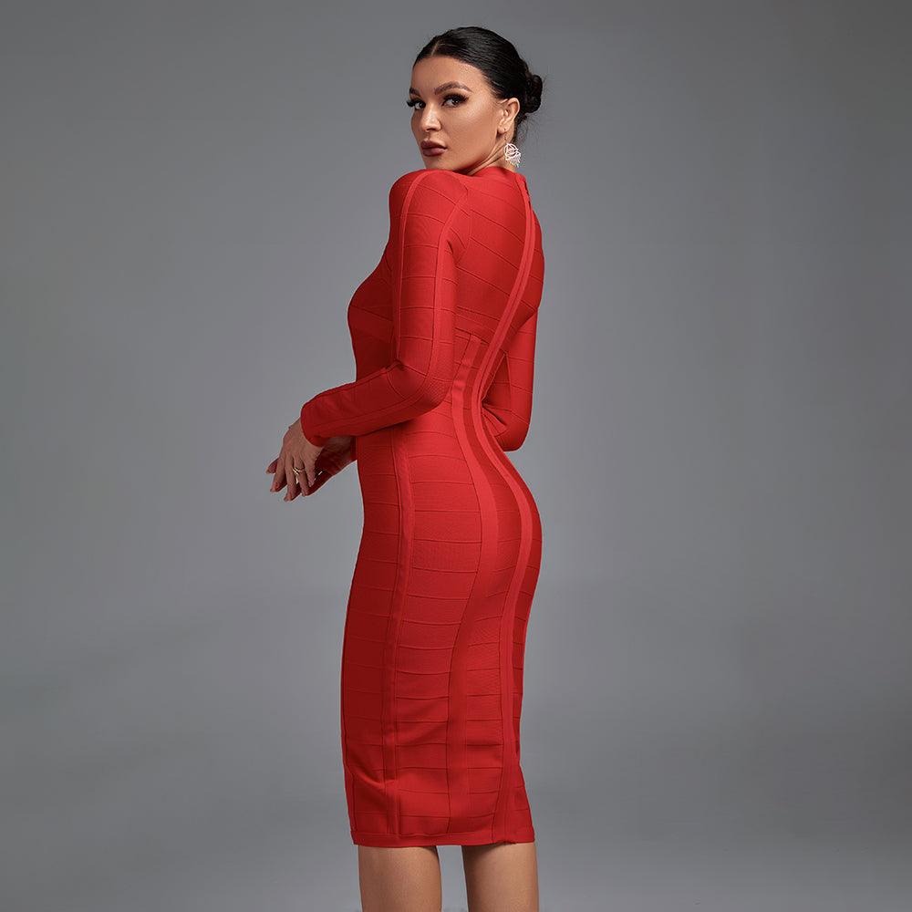 Bandage Mock-Neck Long Sleeve Keyhole Bodycon Midi Dress 4
