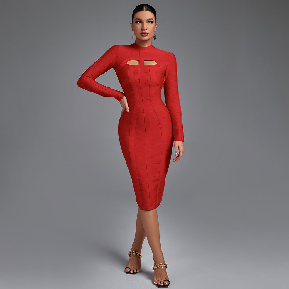 Bandage Mock-Neck Long Sleeve Keyhole Bodycon Midi Dress 2